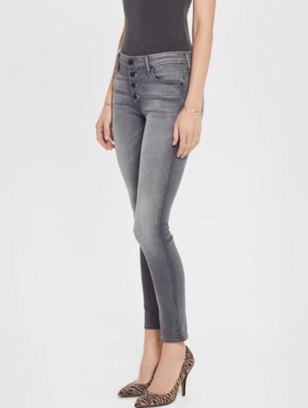 Mother The Pixie Supermoon Grey Wash Exposed Button Fly Skinny Jeans 28